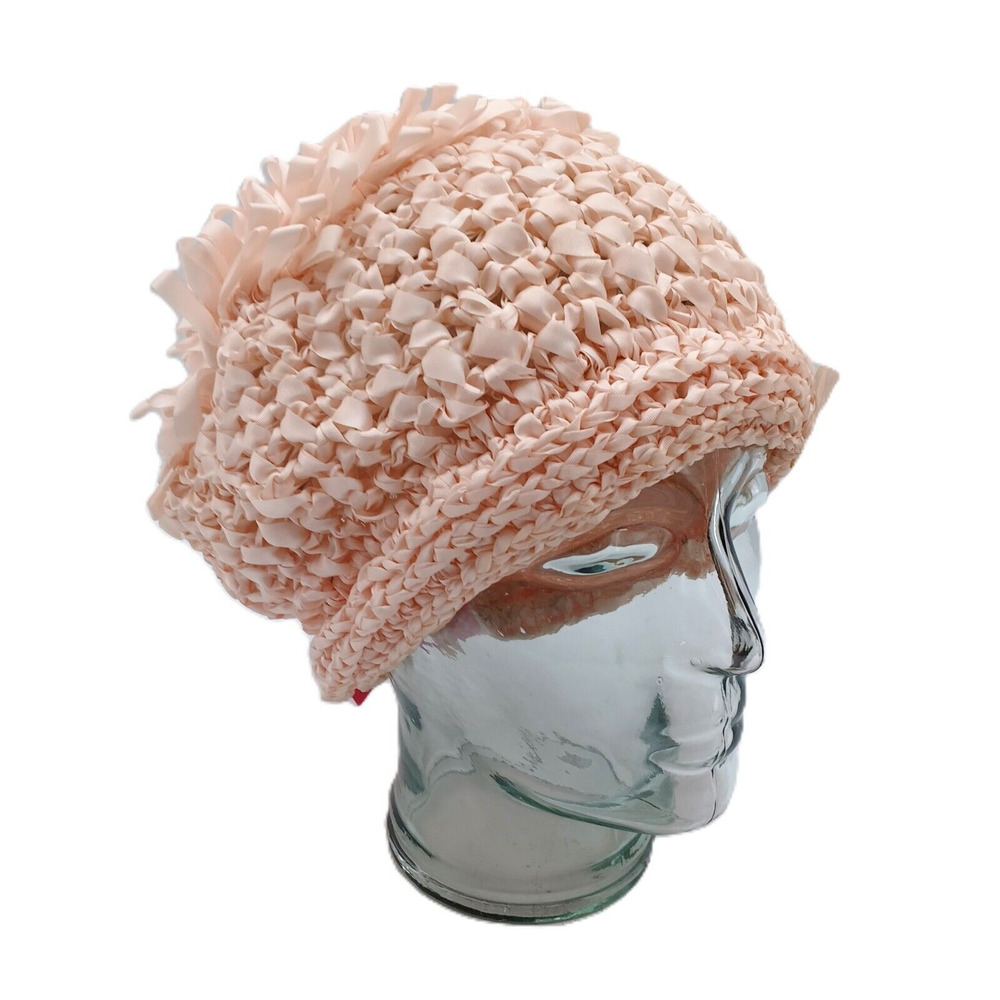 VTG Peach Knit Flapper Bonnet Hat Grosgrain Ribbon 1920s Beach Style Cap